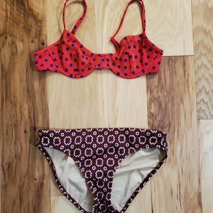 J.Crew Mix & Match Red Maroon Bikini Set, Polka Dot Top 34A Geometric Bottoms XS